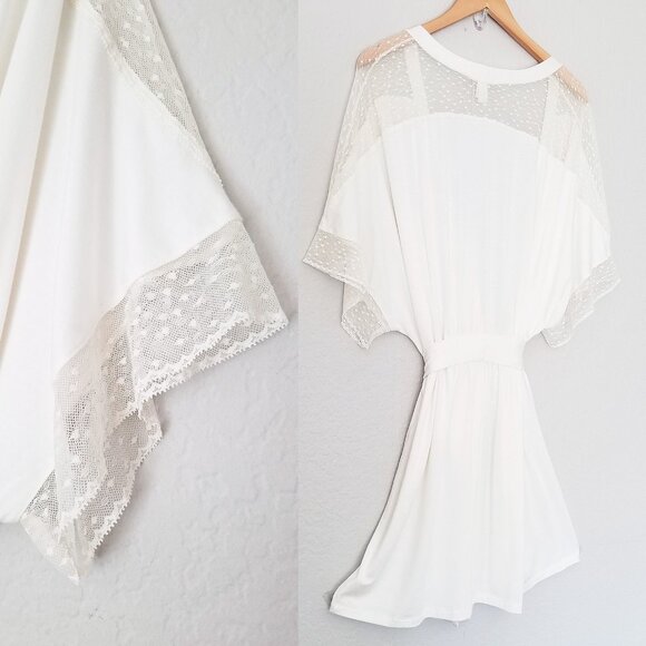 Eberjey Kimono Robe S Ivory Soft Modal Jersey Polka Dot Lace Mesh Inset Wrap Tie - Picture 6 of 15